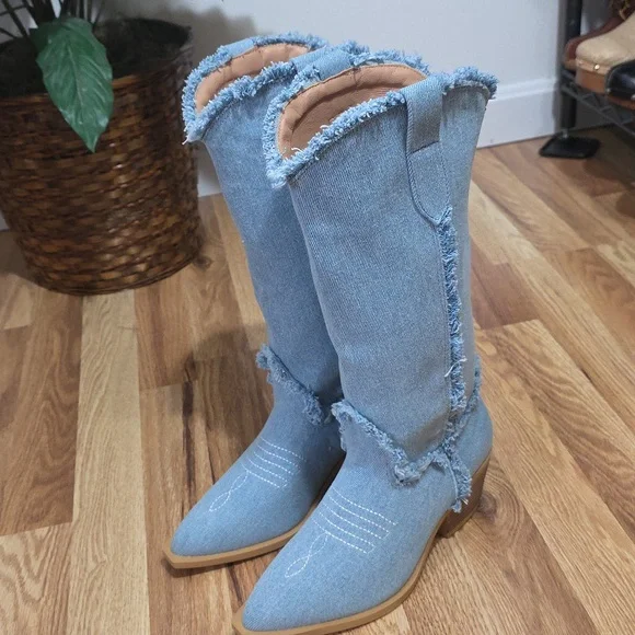 Frayed Denim Pullon Mid Calf Boots Womens 37 - Picture 2 of 7